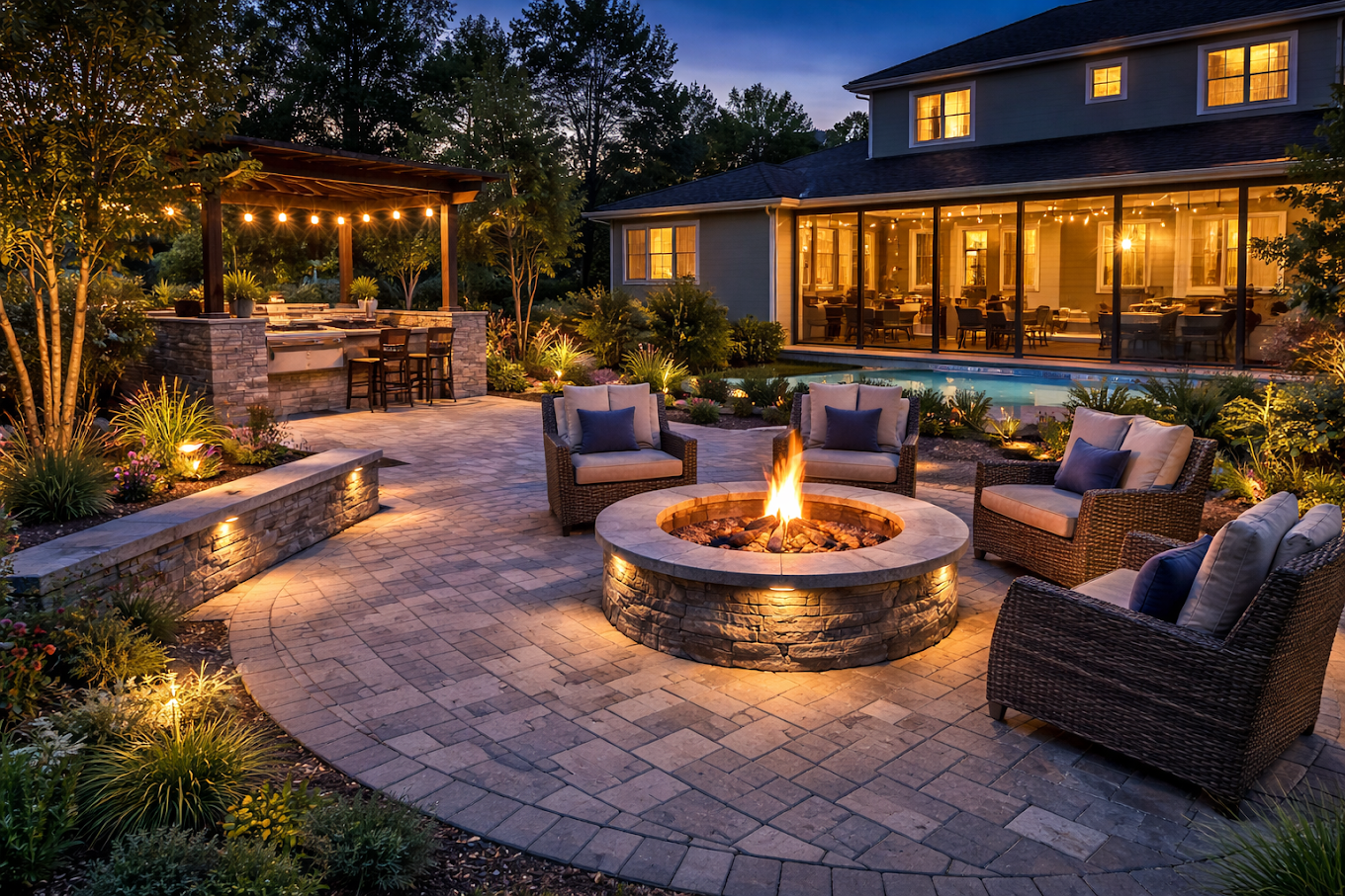 Landscaped backyard patio with outdoor kitchen, pool and fire pit
